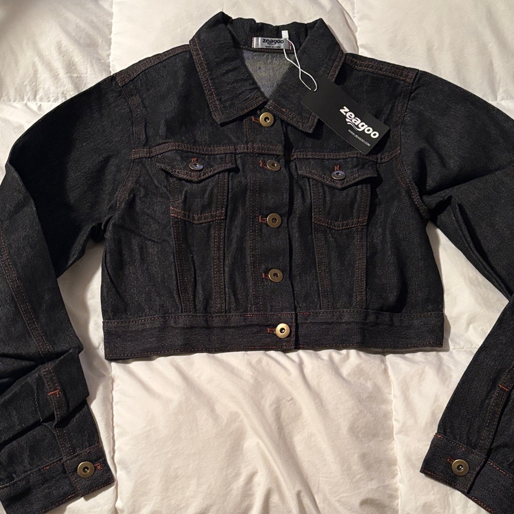 Zeagoo Women's Dark blue  Denim Cropped Jacket